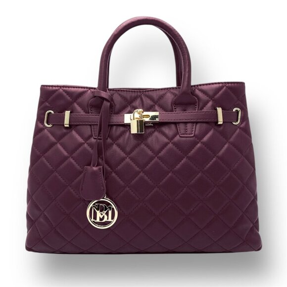 New Badgley Mischka Plum Big Diamond Quilted Tote Bag Gold Lock Vegan Leather - Picture 1 of 7